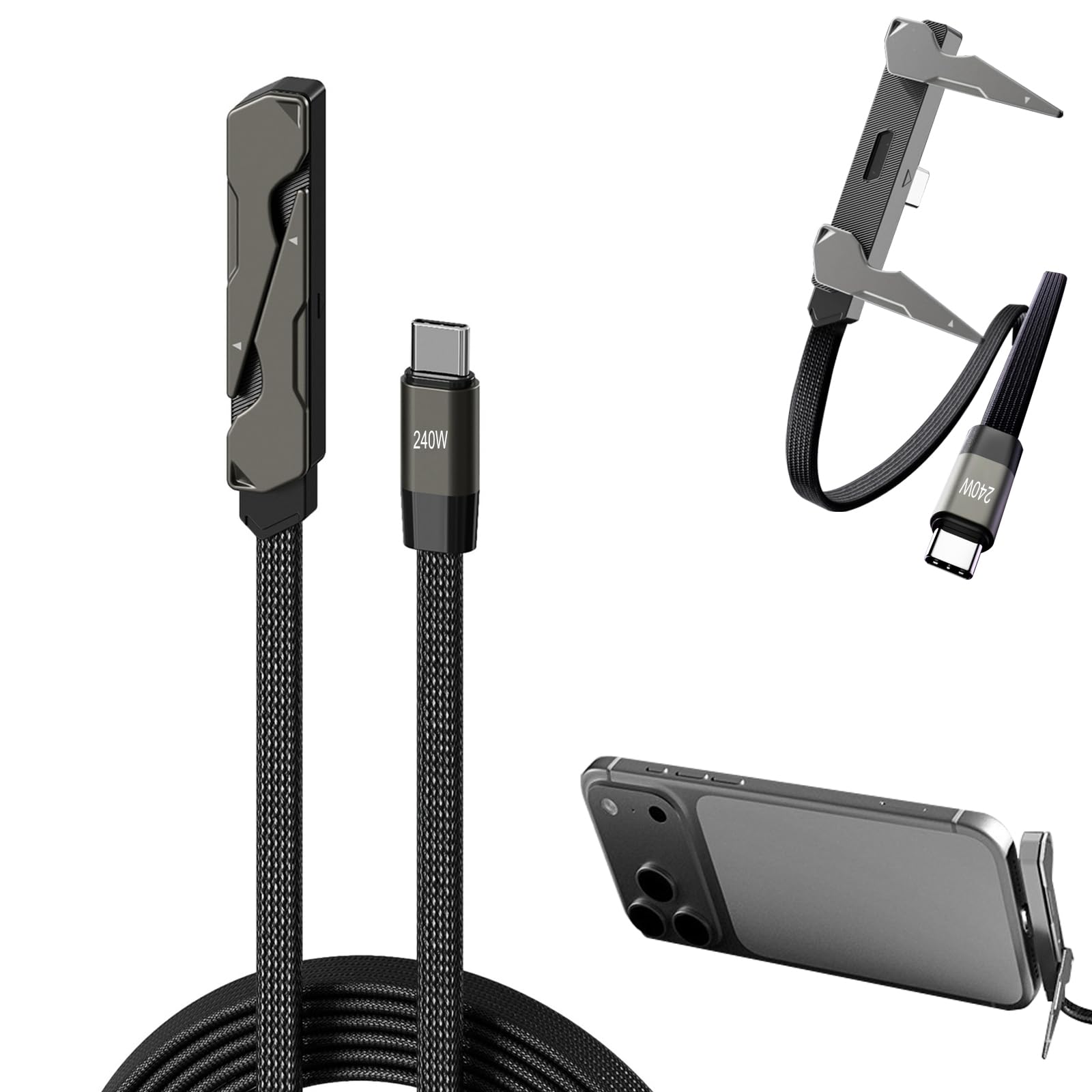 Caricatore invisibile 2in1 per telefono, 2M Caricatore Telefono Laterale, Ricarica Rapida 240W, Caricatore Laterale Tipo C con supporto per telefono integrato, per smartphone, tablet, giochi e ufficio - 2