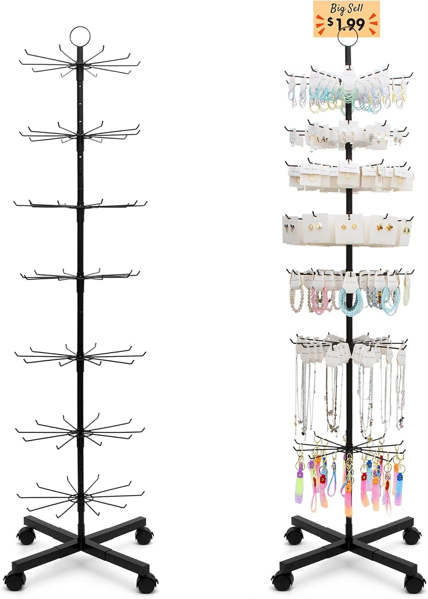ANBOXIT Retail Display Stand, Rotating Display Rack | for Earring Keychains Jewelry Vendor Events & Stores, 7 Tier Movable and Adjustable 1 PCS - Black