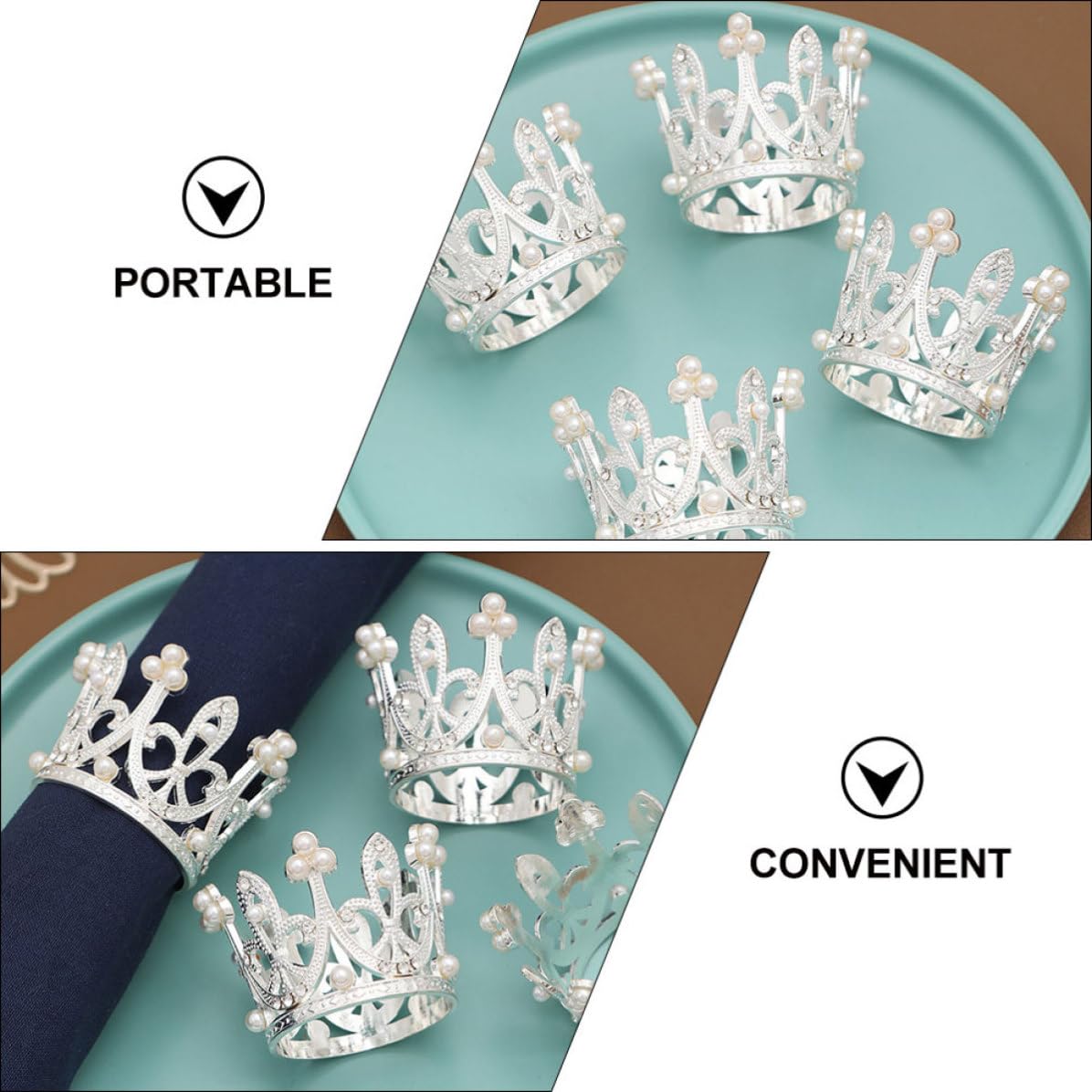 12 Pezzi Anello Tovagliolo Corona Perle, Lega di Zinco Argento | Decorazione Delicata per Tavola, Leggero e Portatile, per Feste di Compleanno e Ricevimenti Festivi