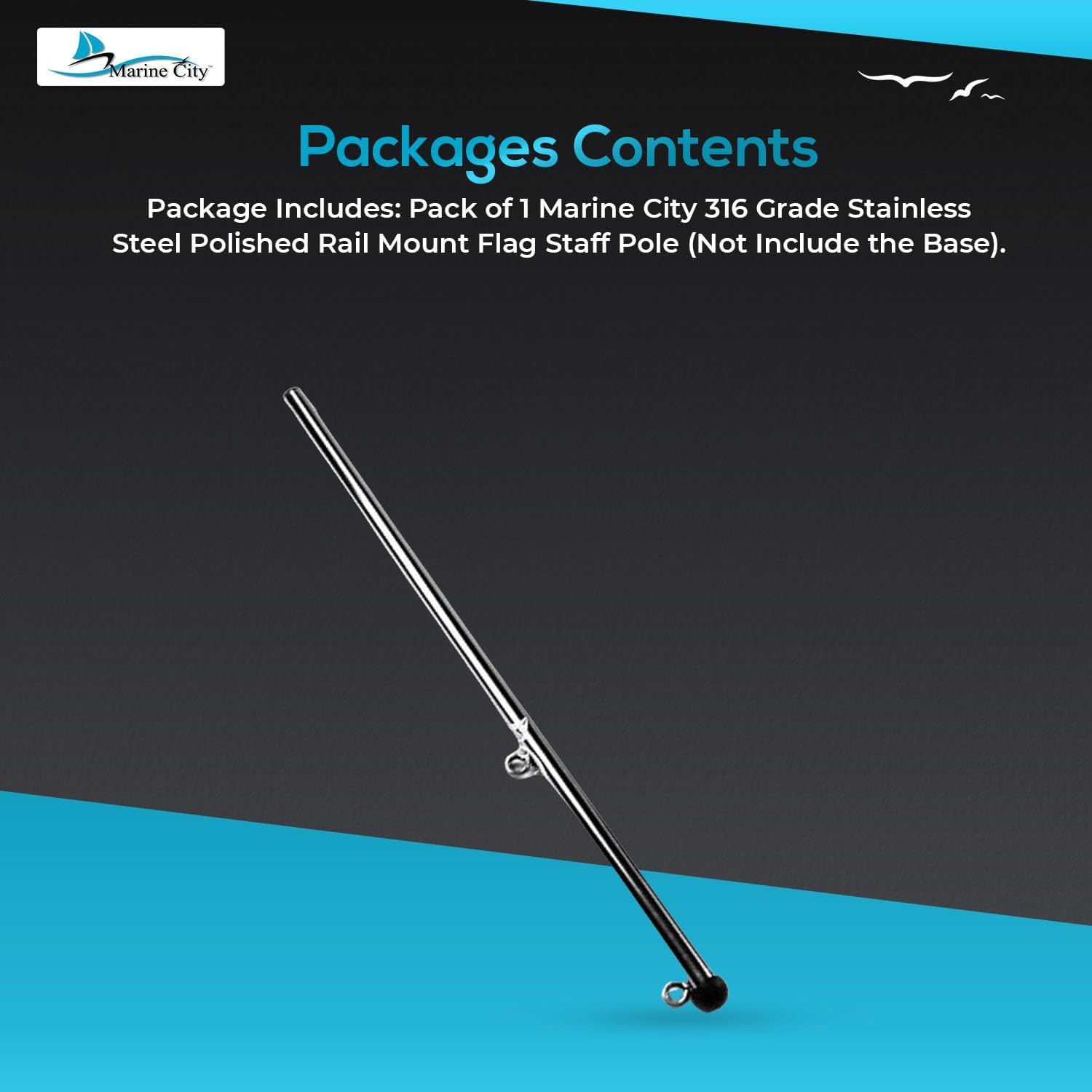 MARINE CITY 316 Stainless Steel Rail Mount Flag Staff Pole - Bright Polished Finish, Ideal for Boats, Yachts, Marines, RVs, Fishing Boats