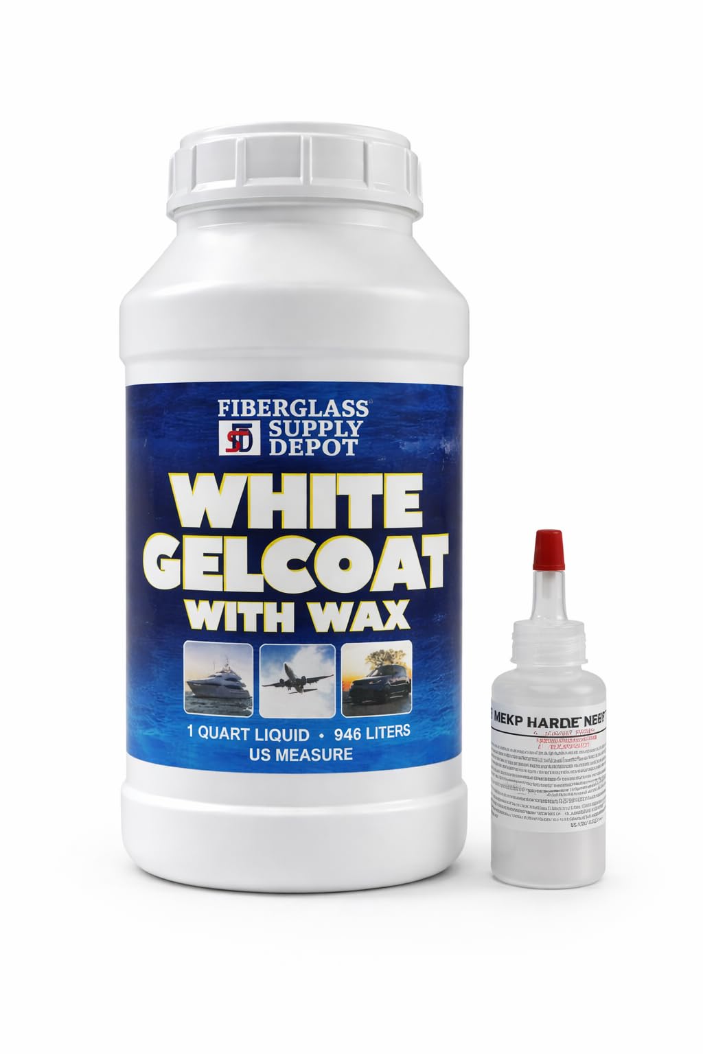 Fiberglass Supply Depot White Gelcoat with Wax – UV-Resistant Marine Gelcoat for Interior & Exterior Use – Quart Kit with 15cc MEKP Hardener
