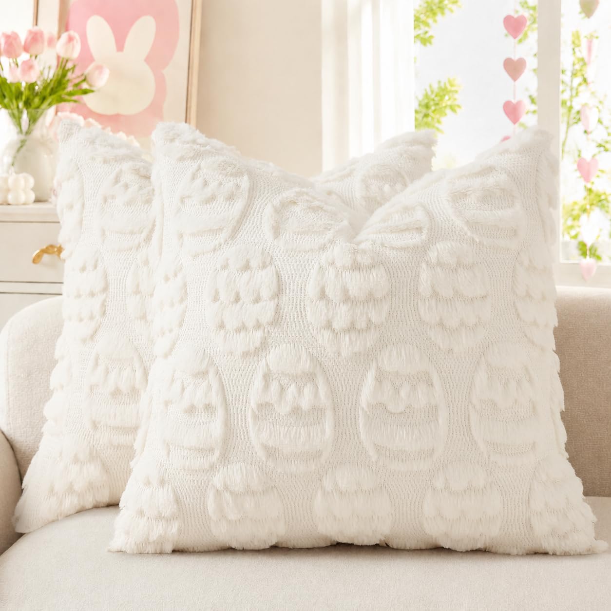 decorUhome Cream White Faux Fur Egg Throw Pillow Covers 18x18 Set of 2