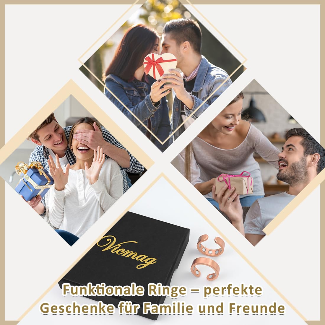 Vicmag 2 anillos magnéticos de cobre para hombre y mujer con imanes fuertes (3500 gauss), anillos de cobre puro 99,99 %, tamaño ajustable con caja de regalo