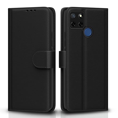 Pikkme Realme C12 / Realme Narzo 20 / Narzo 30A / Realme C25 Flip Case Leather Finish | Inside TPU | Wallet Stand and Shock Proof | Magnetic Closing | Complete Protection Flip Cover (Black)