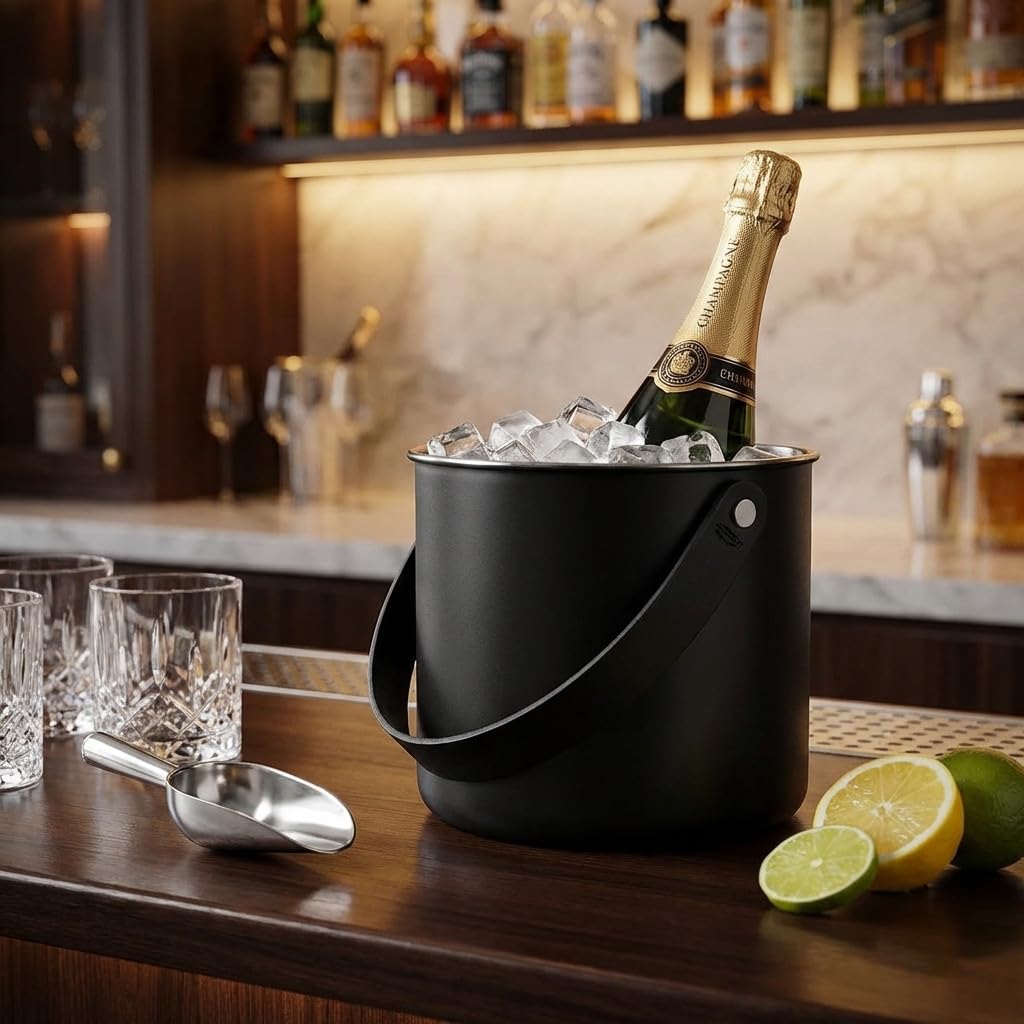 Suinga Cubitera inoxidable moon black 1,5 L con asas de cuero | Cubitera acero inox elegante 1,5 litros para enfriar bebidas