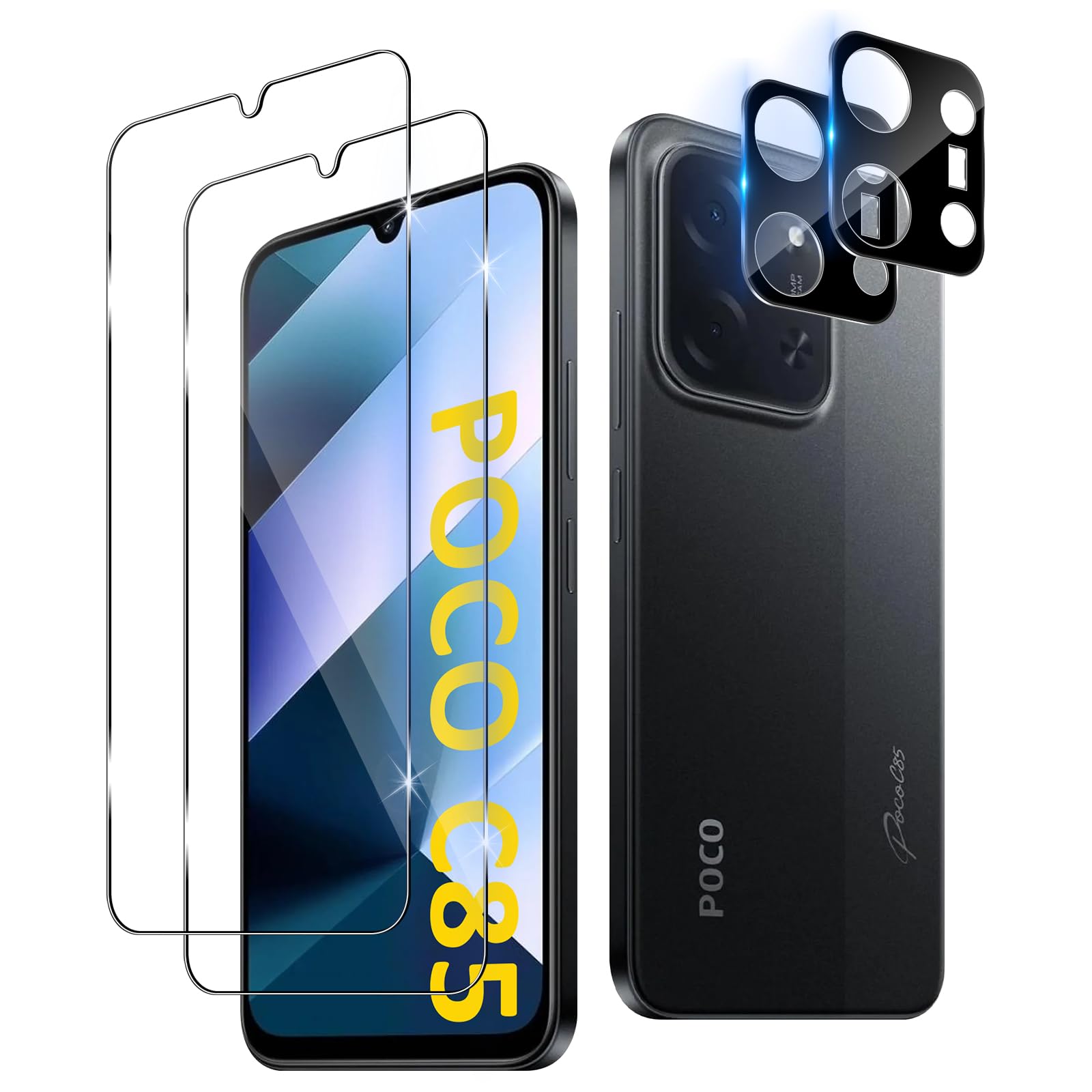 QULLOO für Panzerglas für Xiaomi Poco C85, 2+2 Stück Screen Schutzfolie + Kameraschutz Folie, Ultra-HD Displayfolie, Anti-Kratz Schutzglas Displayschutz Glas, Einfach Installieren