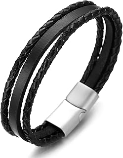 HALUKAKAH ● in The Wind ● Men's Genuine Leather Handmade Multi Layer Bracelet Titanium Matt Silver Magnetic Clasp 8.46"(21.5cm) with Free Giftbox