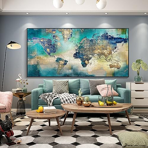 Image of Pogusmavi World Map Wall Art for Living Room - Large Framed World Maps for Wall, Green Abstract Canvas Artwork for Walls, Modern Office Decor, Map Wall Art for Men (Black Framed) 29x58IN
