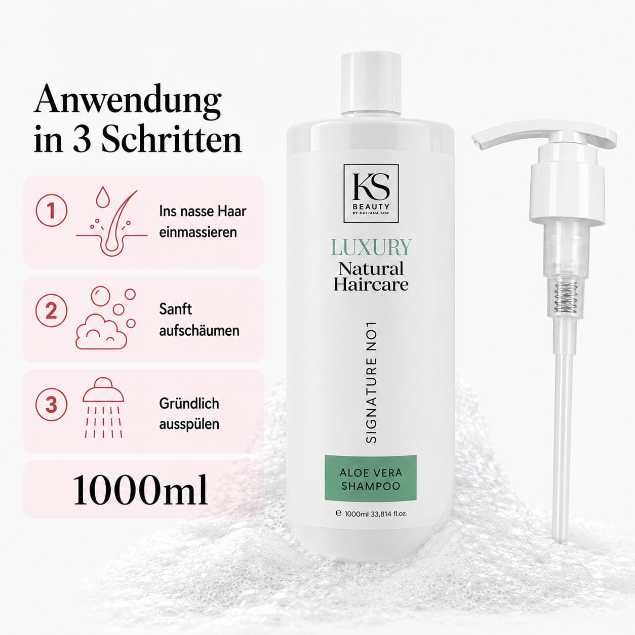 KS Beauty Aloe Vera Shampoo, 1000 ml, Haarshampoo mit Pumpspender | Mildes Reinigungsshampoo für trockene, empfindliche Kopfhaut mit Panthenol – weiches, geschmeidiges Haar täglich