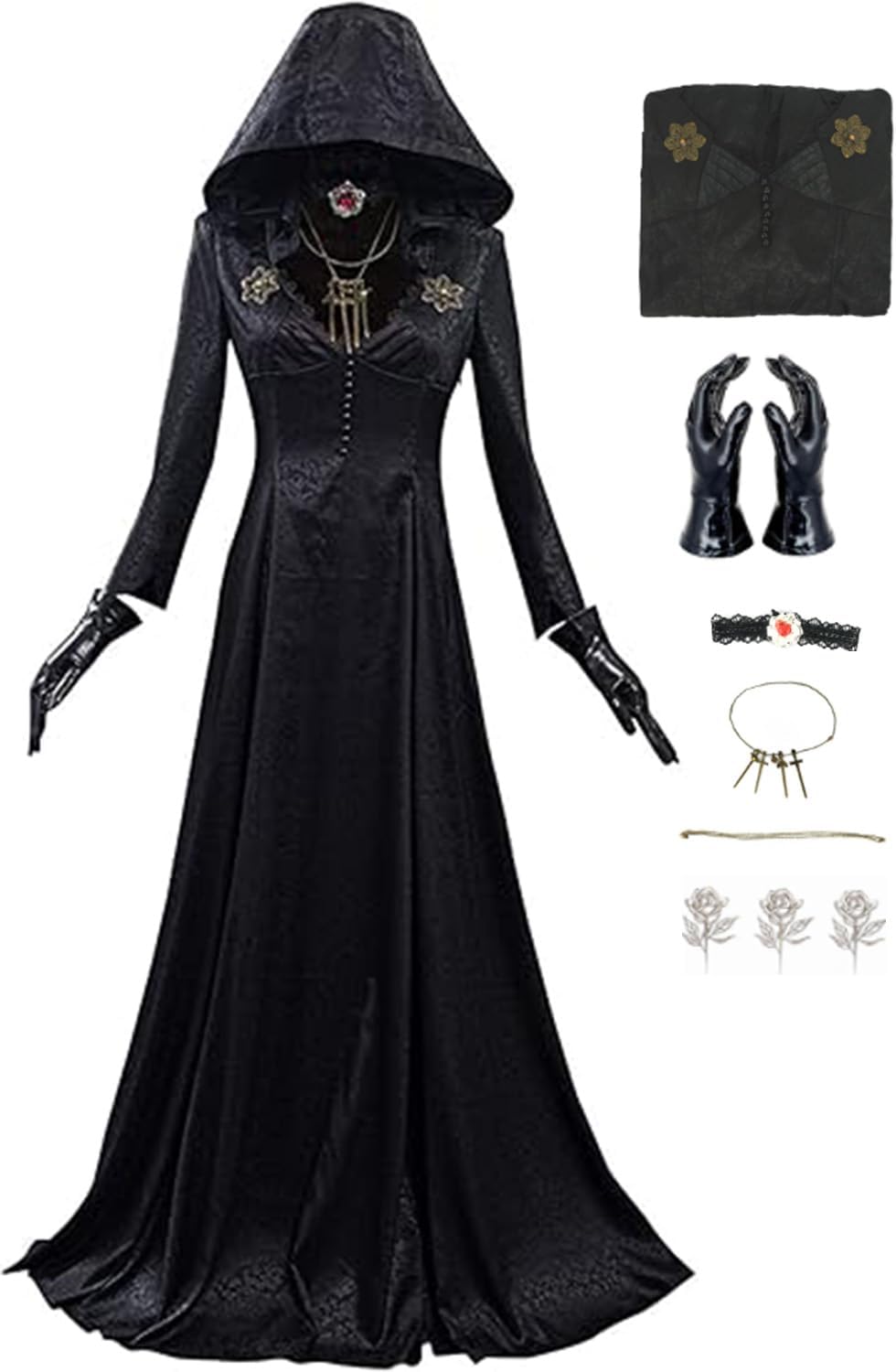 Lady Cosplay Costume Dress Village Sisters Hooded Robe with Necklace Gloves Tattoo