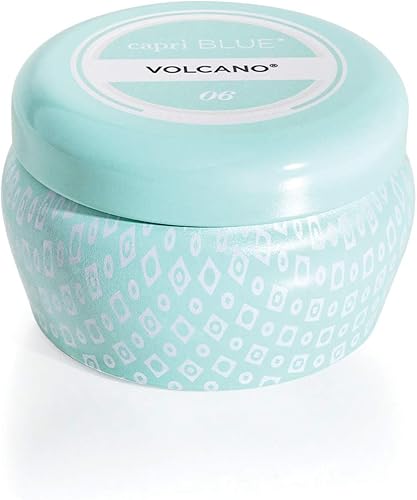 Capri Blue Volcano - Mini vela perfumada en tarro de lata, mini velas impresas para el hogar perfumadas con frutas tropicales y cítricos azucarados,