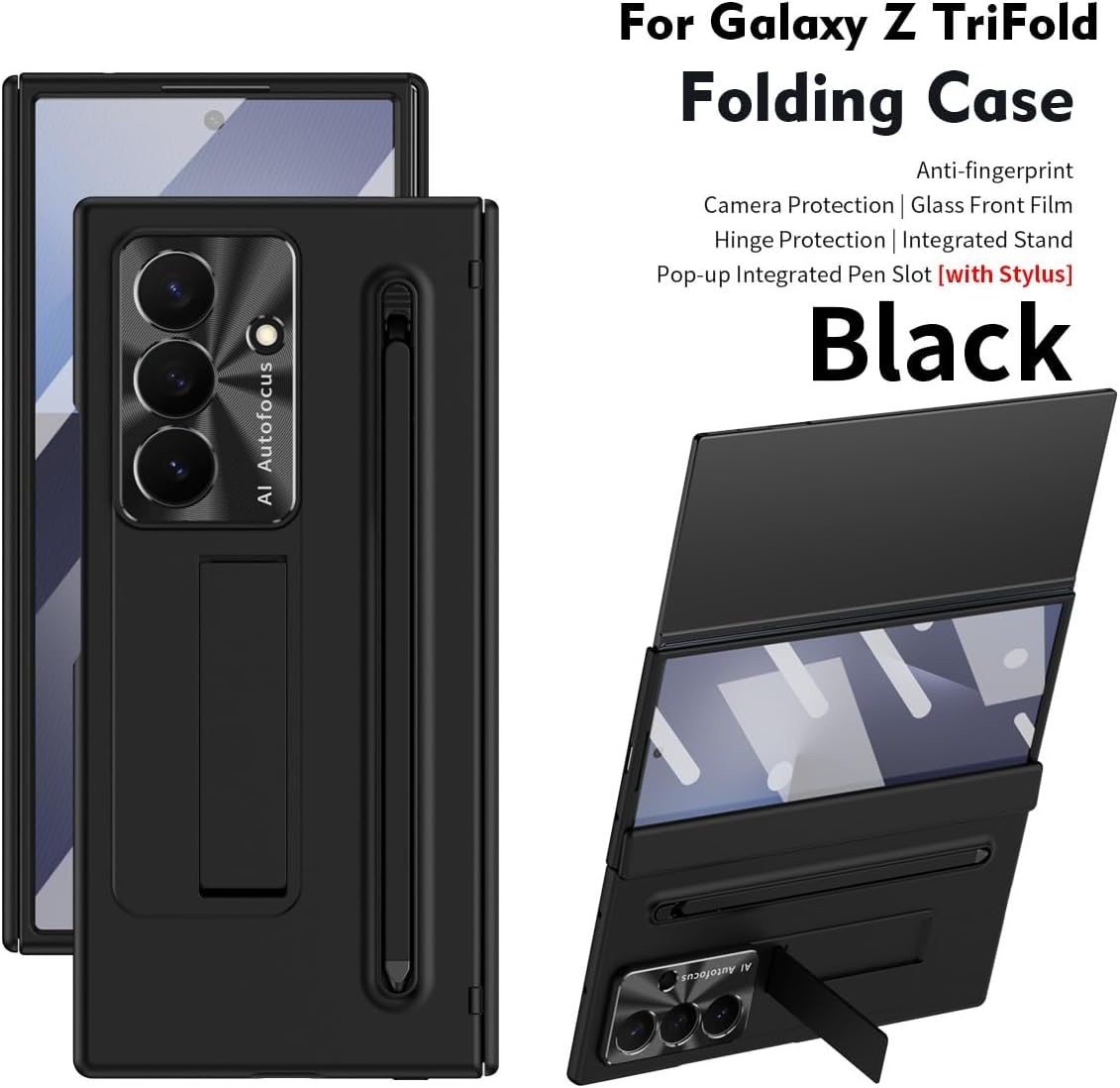 Generic case Compatible with Samsung Galaxy Z Trifold (Couleur : Black) Hard Matte Back Stand Case Cover with Front Glass Plus S Pen Stylus