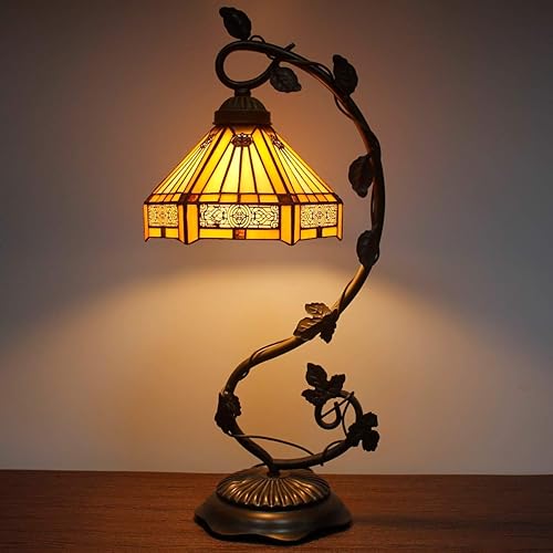 Miniatura 4 de WERFACTORY Tiffany - Lámpara de mesa de vitral, diseño hexagonal amarillo, luz de lectura, base de hojas de metal, 8 x 10 x 21 pulgadas, decoración