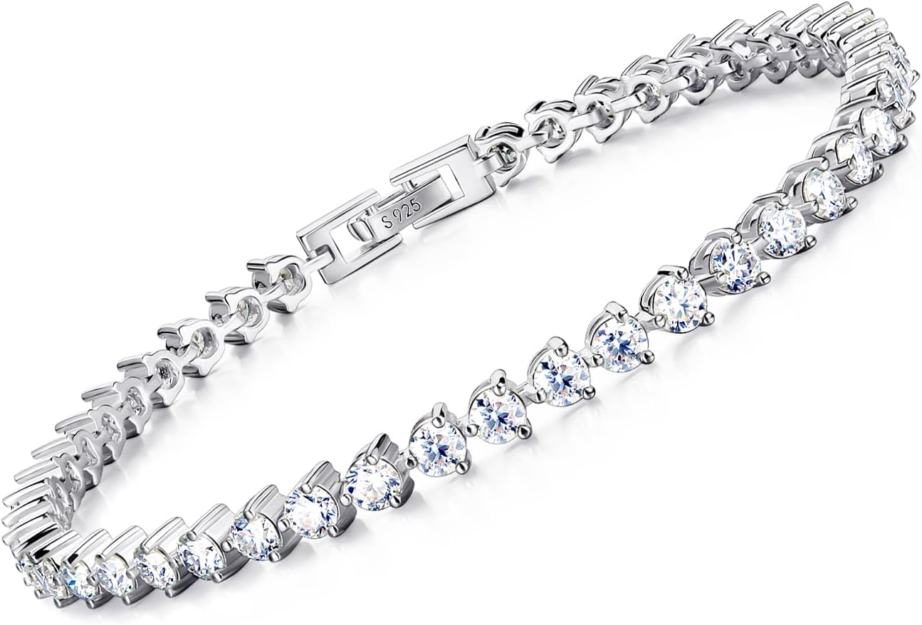 Moissanite Sterling Silver Tennis Bracelet:White Gold Plated 925 Silver Chain - Gold Prong Setting Sparkling VVS1 Solitaire Birthday Valentine's Day Wedding Brides Jewelry Gift Women