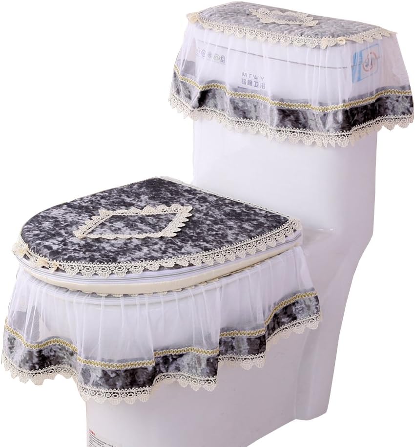 Soft Plush Toilet Seat Cover Three-Piece Thicken Zipper Embroidery Toilet Tank Covers (Pattern-H)
