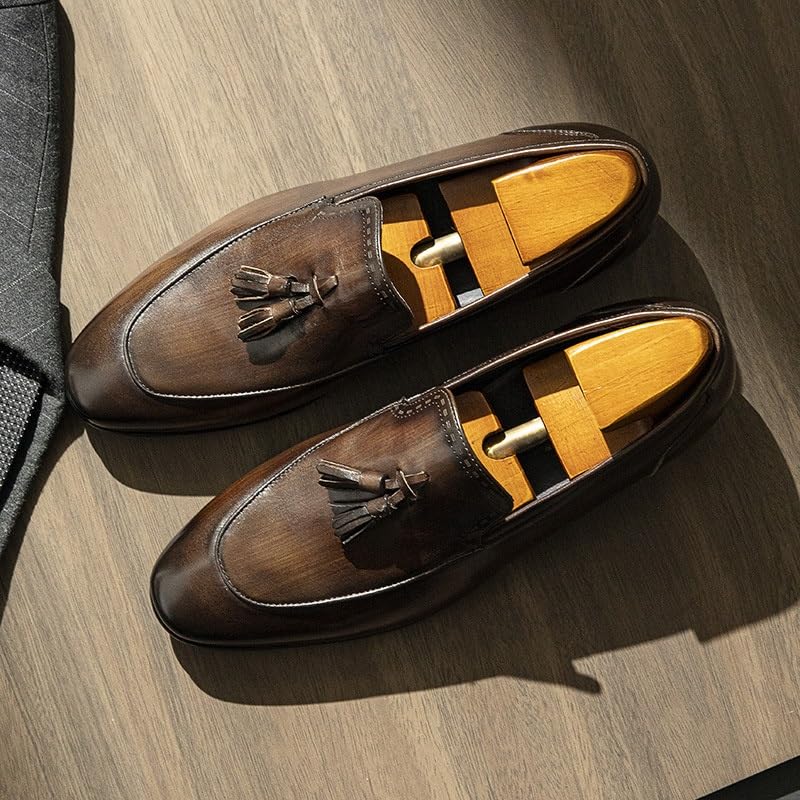 Men's Leather Shoes Slip-On Low Top Round Toe Loafers Shoes Handmade Color Wiping Dress Business Commuter Casual Shoes Rubber Sole Anti-Slip Wear-Resistant2