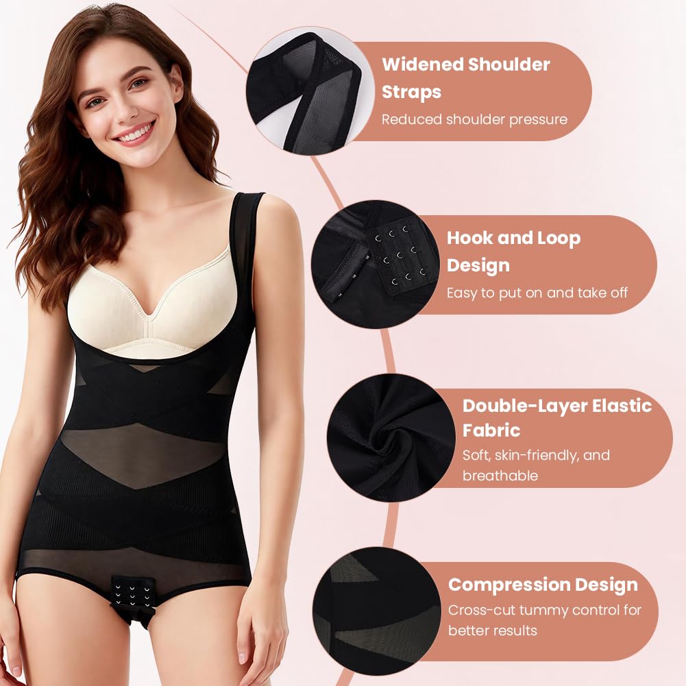 DiULi Damskie body modelujące brzuch, płaskie, modelujące ciało, dekolt w kształcie litery U, biustonosz podtrzymujący klatkę piersiową, oddychająca siateczka, opaska na głowę, wyszczuplający