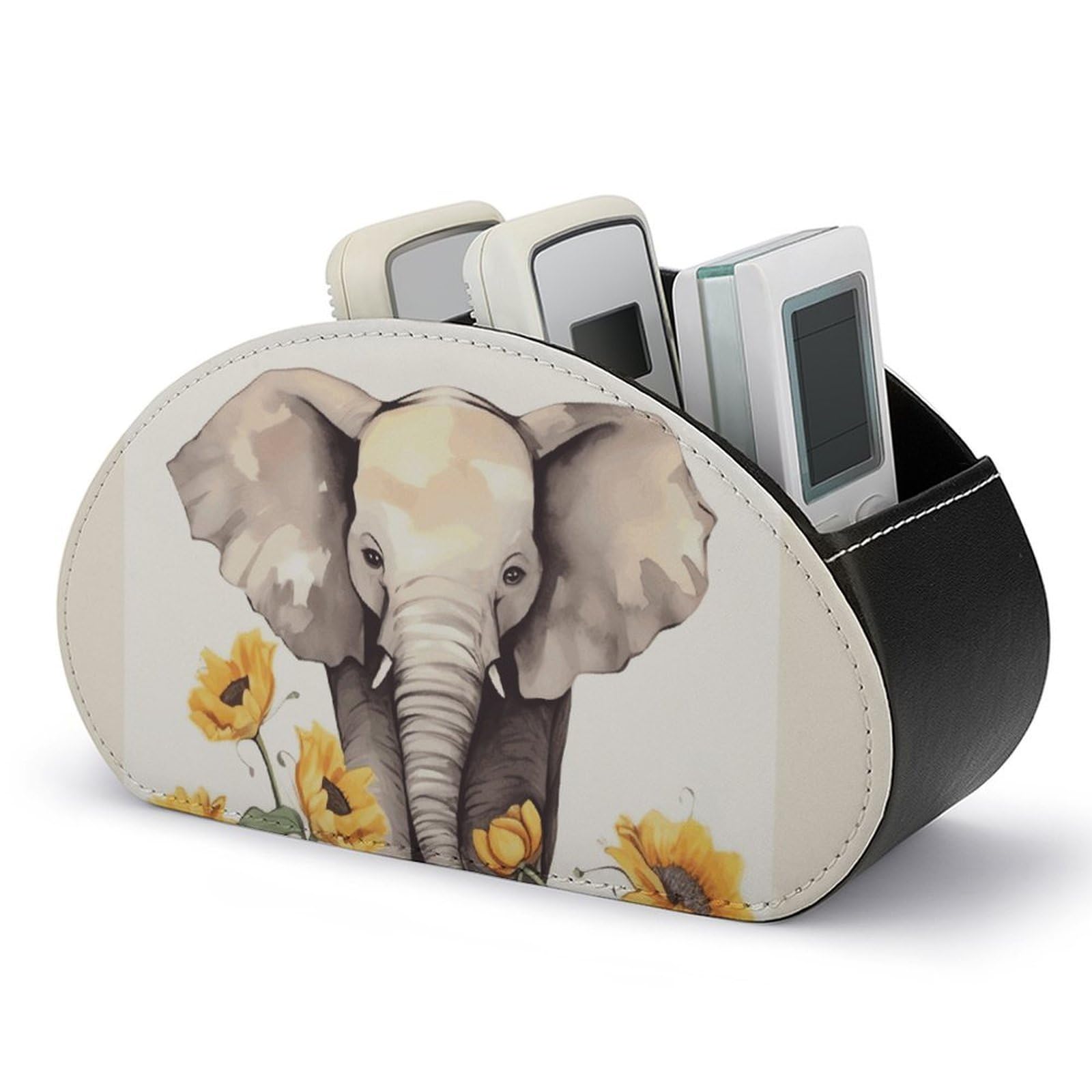 VstaDank Elephant And Sunflower Remote Control Holder with 5 Compartments PU Leather Remote Caddy Desktop Organizer Store TV Remote Control Storage Box for Home Office Desk Nightstand
