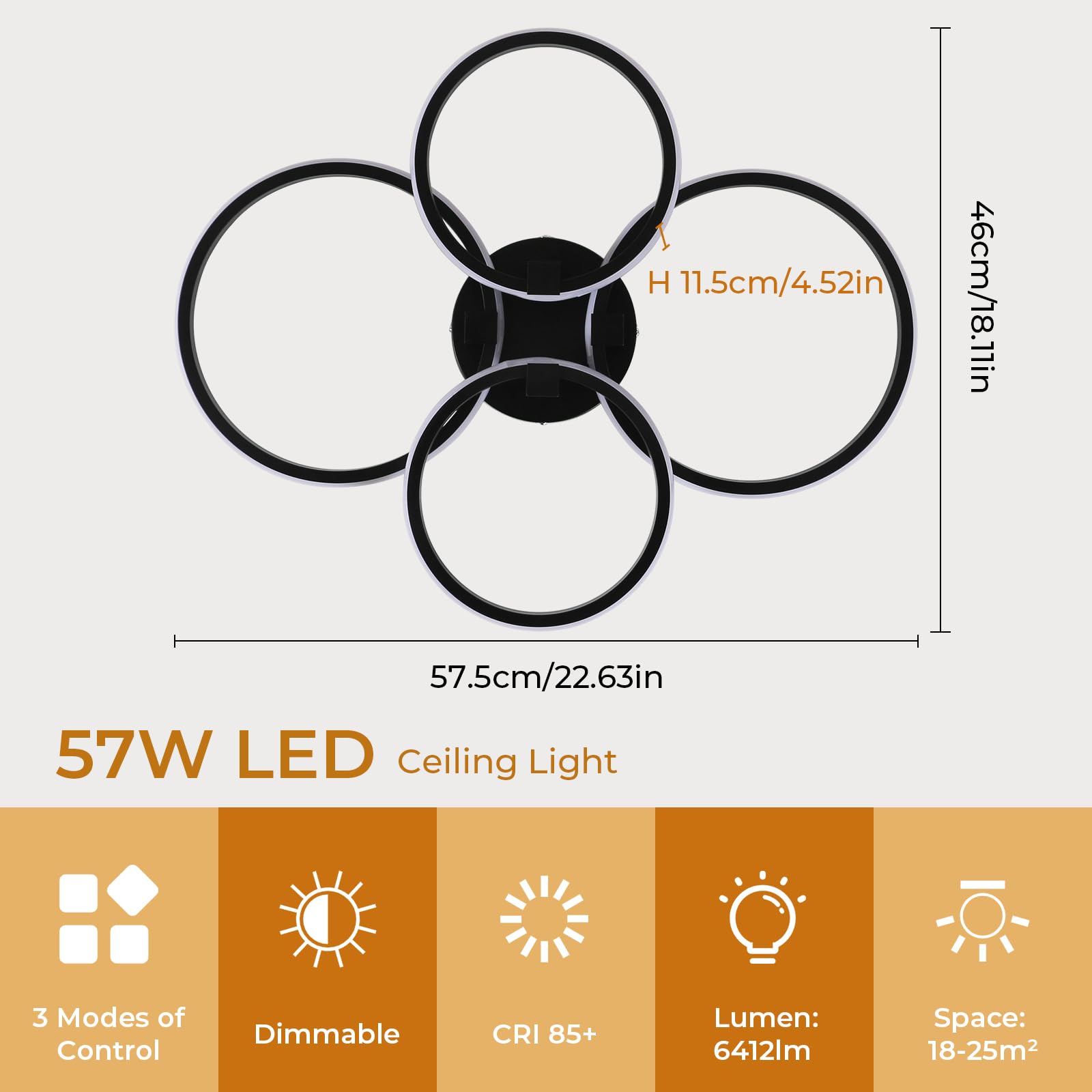 Plafoniera LED Dimmerabile 76W, Lampada da Soffitto Rotondo, Plafoniere Telecomando 3000K-6500K&Smart App, Lampadario Soggiorno Alluminio per Cucina, Soggiorno, Camera da Letto, Ufficio, Cucina, Nero
