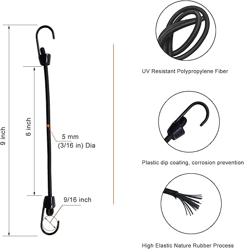 Miniatura 2 de Joneaz Mini cuerda elástica con ganchos de 6 pulgadas, recubierto de plástico, sin extremo de gancho afilado, 15 piezas