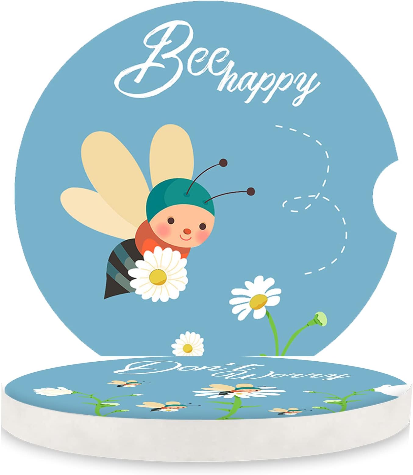 LogHog 2.56" Ceramic Car Coasters - Adorable Bee Design: Don't Worry, Bee Happy - Perfect Auto Cup Holders for Car, Absorbent, Durable