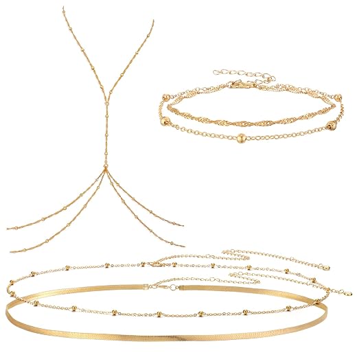 4 Pcs Gold Body Chains Belly Chain Waist Chain Anklets for Women