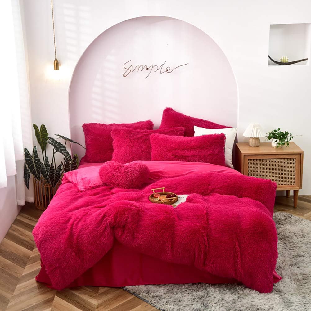 Plush Velvet Duvet Cover 4 Piece Set, Ultra Soft Mink Cashmere Bedding Comforter Cover Pillow Cases Winter Warm Flat Sheet Shaggy Bedspread Deep Red Twin