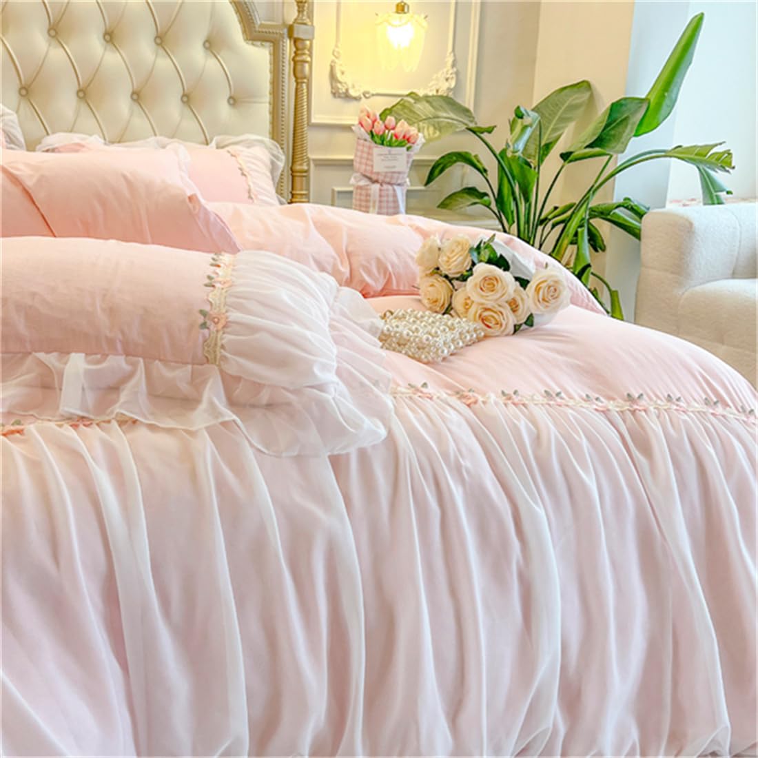 MOOWOO Pink Bedding, Set di biancheria da letto romantico in pizzo con volant, 2 pezzi, copripiumino con chiusura a cerniera, decorazione per la stanza, rosa, per letto matrimoniale