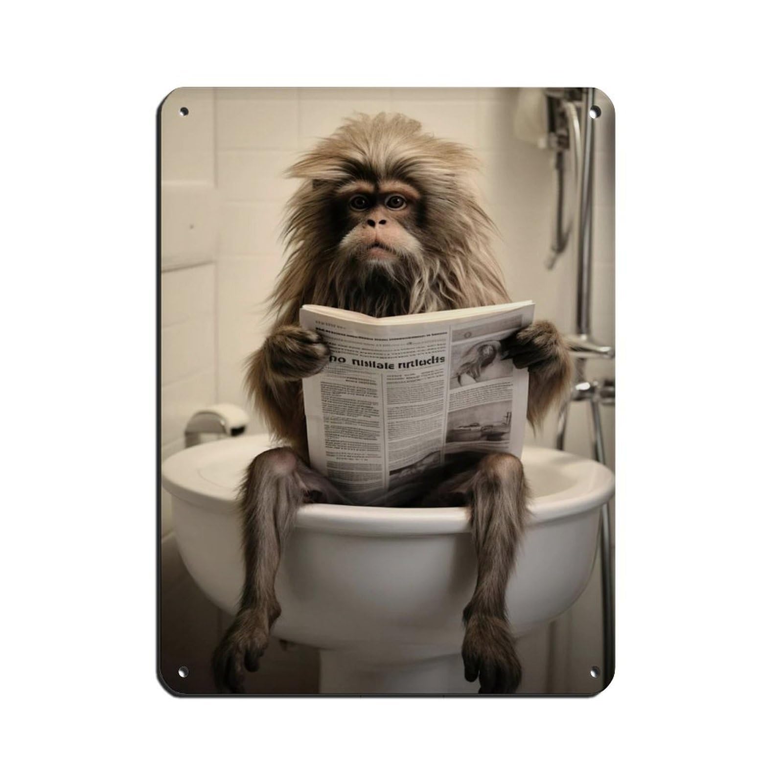 Tamarin Monkey Sitting on The Toilet Reading A Newspaper (3) Tin Sign Vintage Metal Pub Club Cafe Bar Home Wall Art Decoration Poster Retro 12x16inch(30x40cm)