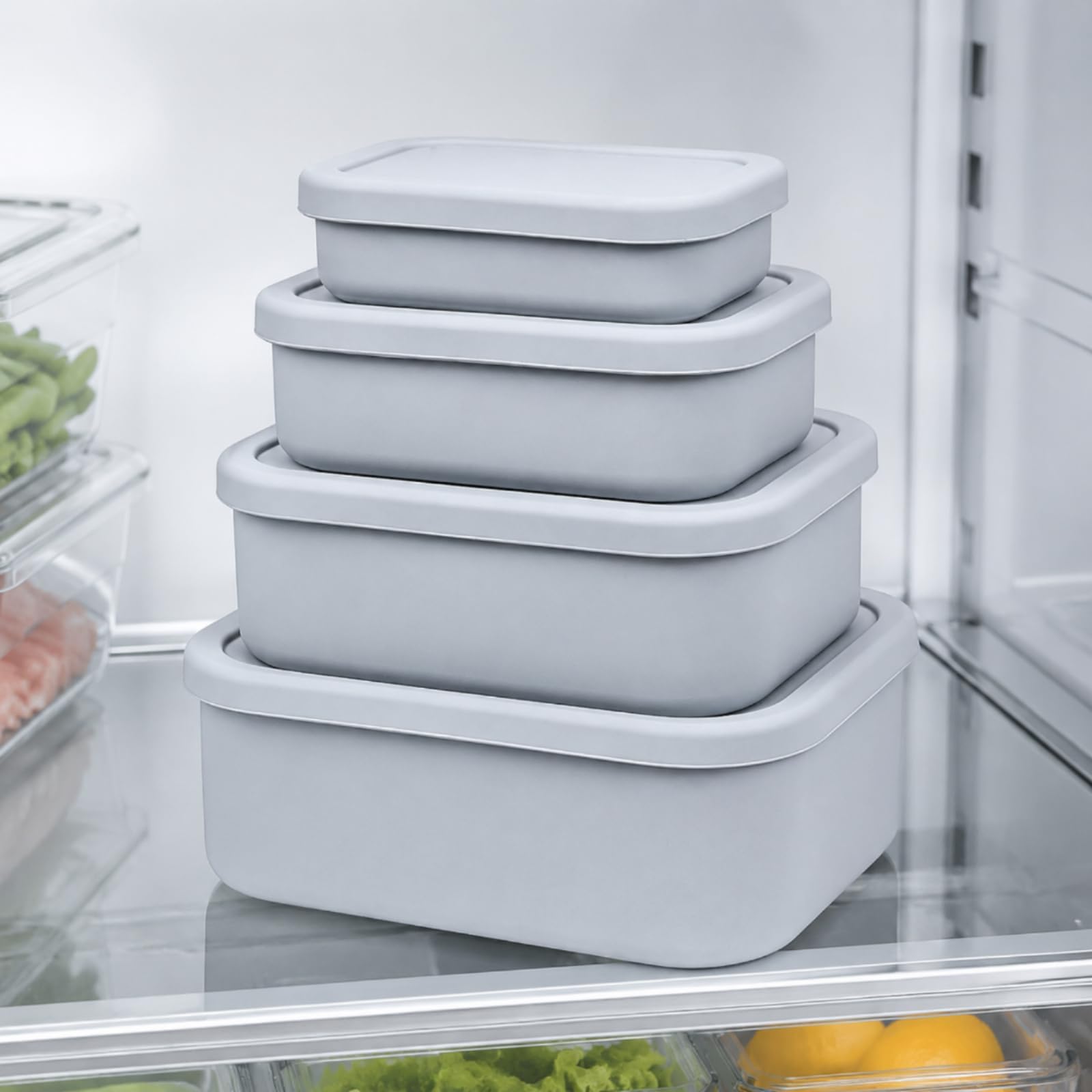 4 Piezas Recipien Rectangular Silicona con Tapa Apilable Taper Silicona Reutilizable Flexible Envase para Estudians, Oficina, Restauran, Gris