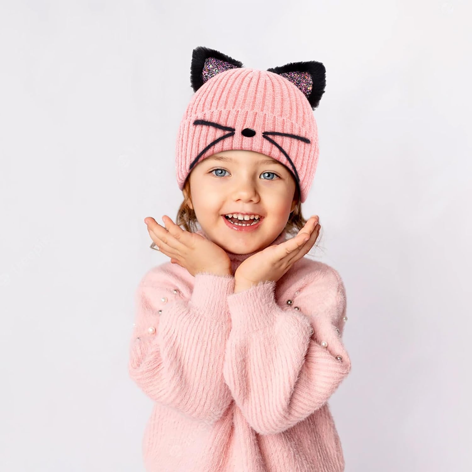 Cat Ear Beanie for Girls, Cute Cat Kids Winter Beanie Hat, Knitted Beanies Hats Ski Skull Cap for Girls Kids Aged 7-14T - Image 6