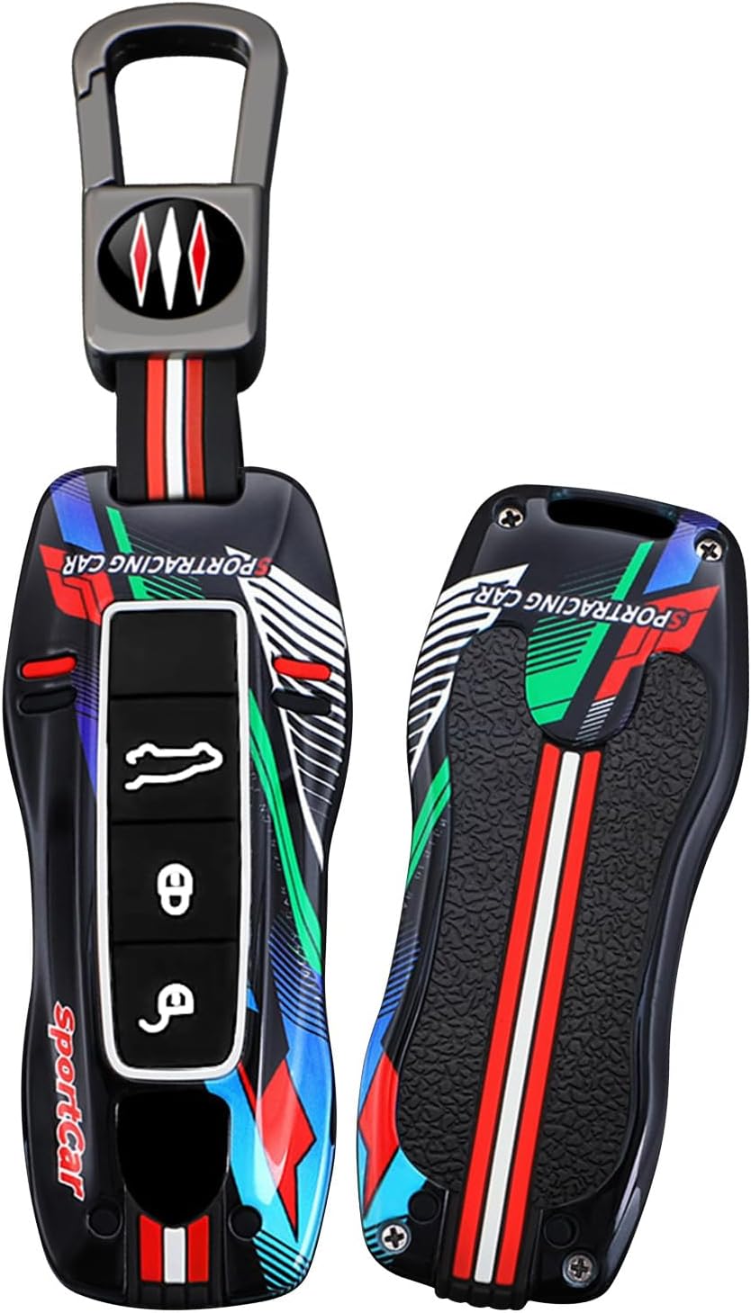 SANRILY Painting Luminous Smart Key Fob Cover Fit for Porsche 911 Cayenne 2020-2025 Macan Panamera 718 Taycan Keyless 3 Button Key Fob Case with Short Keychain Black