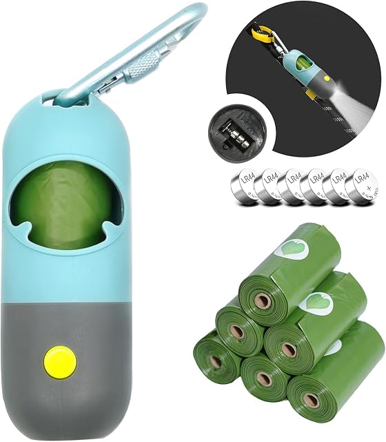 Morn Light Poop Bag Holder with Flashlight Dog Poop Bag Holder for Leash Dog Bag Holder with Clip Dog Poop Bag Dispenser with Leak-Proof Green Poop Bags for Dog Walking(Battery,1 Dispenser 105 Bags)
