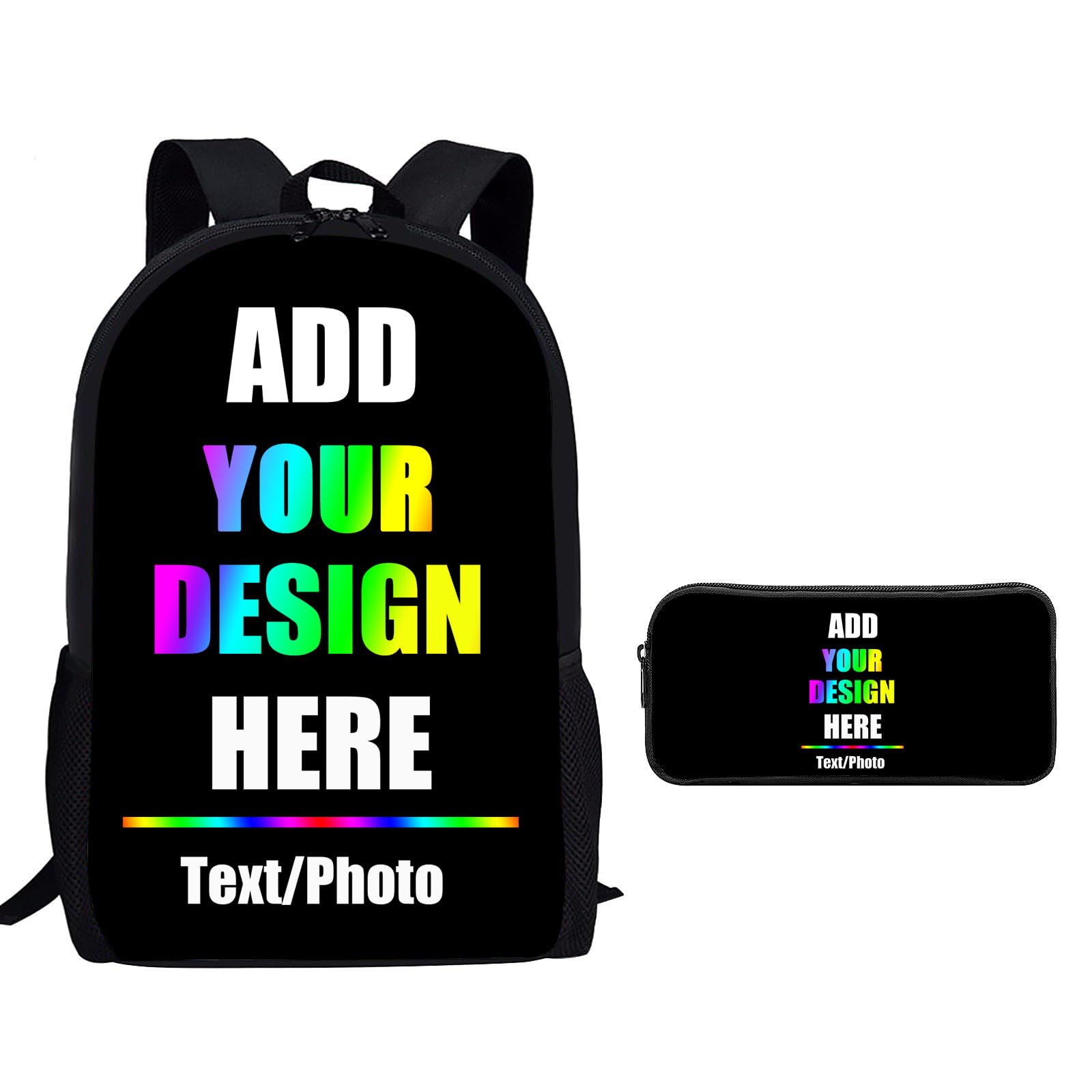 Husguciy Custom Backpack, Personalized Backpacks with Organizer Pencil Case Add Your Own Photo Text, Customized Bookbag and Pencil Pouch Gifts for