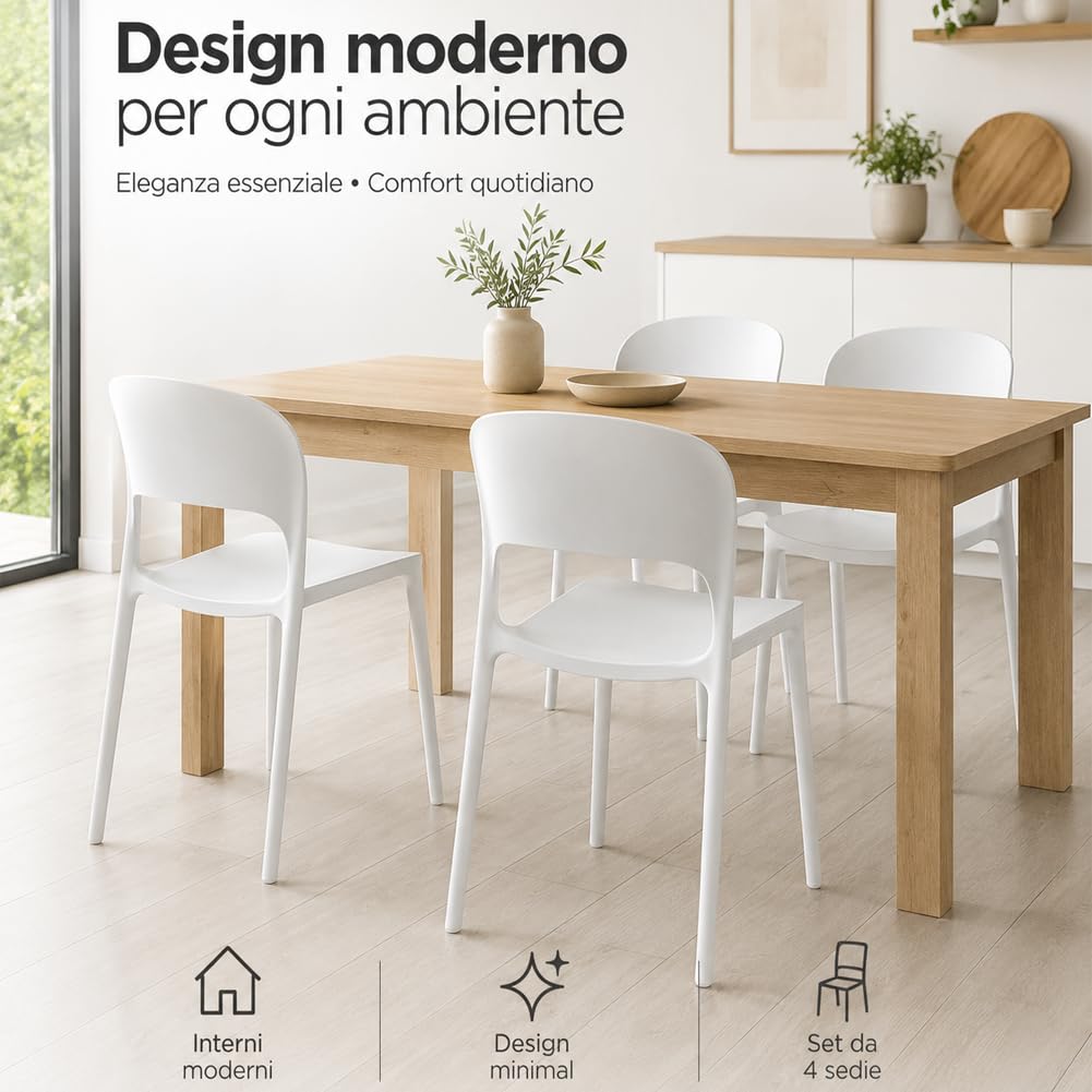 BAKAJI Set 4 Sedie da Pranzo Impilabili Salvaspazio Modello Stoccolma, Struttura Resistente Polipropilene, Seduta Ergonomica Ideale per Interno, Esterno, Casa, Giardino, Ristorante, Bar, 40x45x80 cm