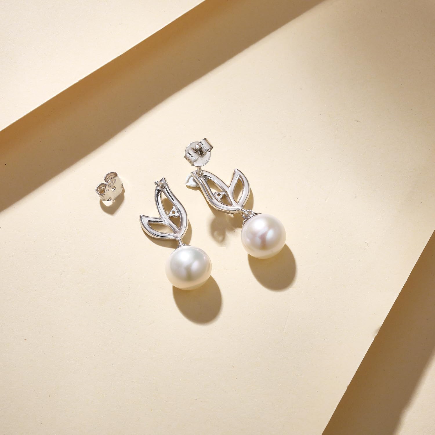 FANCIME Pearl Earrings 925 Sterling Silver Leaf Pearl Stud Earrings Dangle Earrings with Genuine Quality 8.5-9mm Freshwater Cultured Pearls Fine Pearl Jewelry for Women - Image 6
