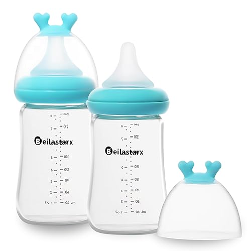 Biberones de vidrio con pezón de respuesta natural, tamaño M, biberones anticólicos, cuello ancho, flujo lento (azul, 8 onzas (paquete de 2))