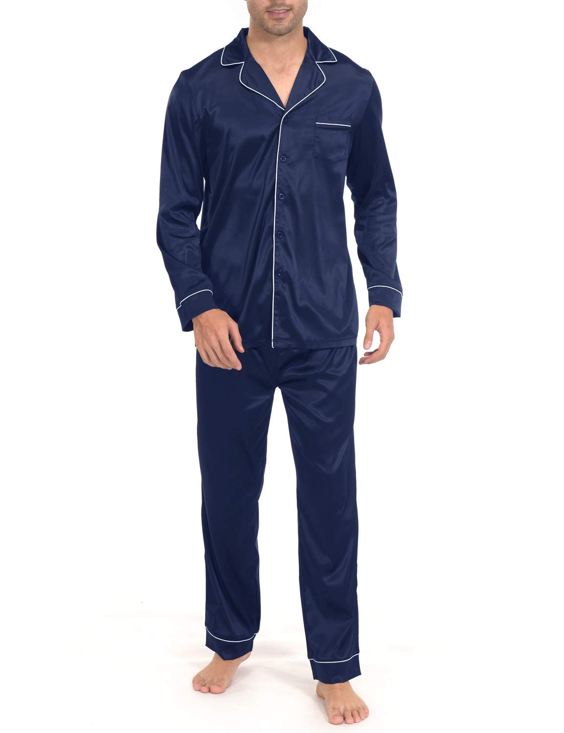 Indefini Men's Satin Pajama Set Button Down Silky Pj Sets Sleepwear Loungewear, Navy Blue - XL