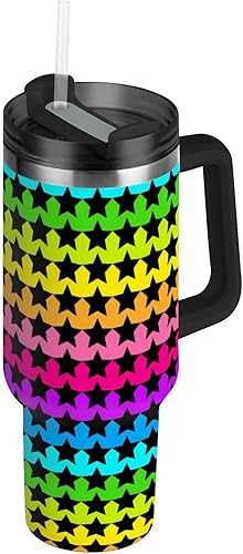 Tiras de neón coloridas estrellas negras reutilizables al vacío aisladas al vacío tazas de café con tapa de pajilla, taza de café grande decorativa
