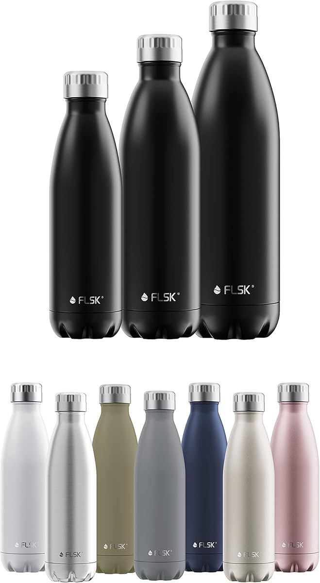 FLSK Trinkflasche I Premium Trinkflasche aus Edelstahl I 100% Auslaufsicher & Kohlensäure geeignet I Thermosflasche hält bis zu 24 Std. Kalt und 18 Std. Heiß