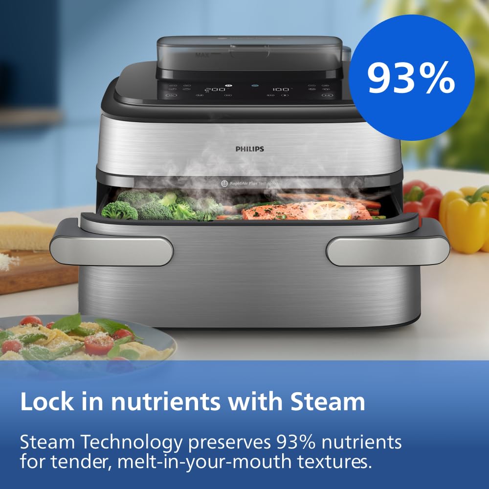 Philips Airfryer 5000 Series Megabasket with Steam - Unique Steamfry, Steam & Airfry - 28 Ways to Cook; 9,5L in Megabasket or 3L + 6L Dual Basket, RapidAir Plus Technology, Auto SteamClean (NA565/92) — view 8