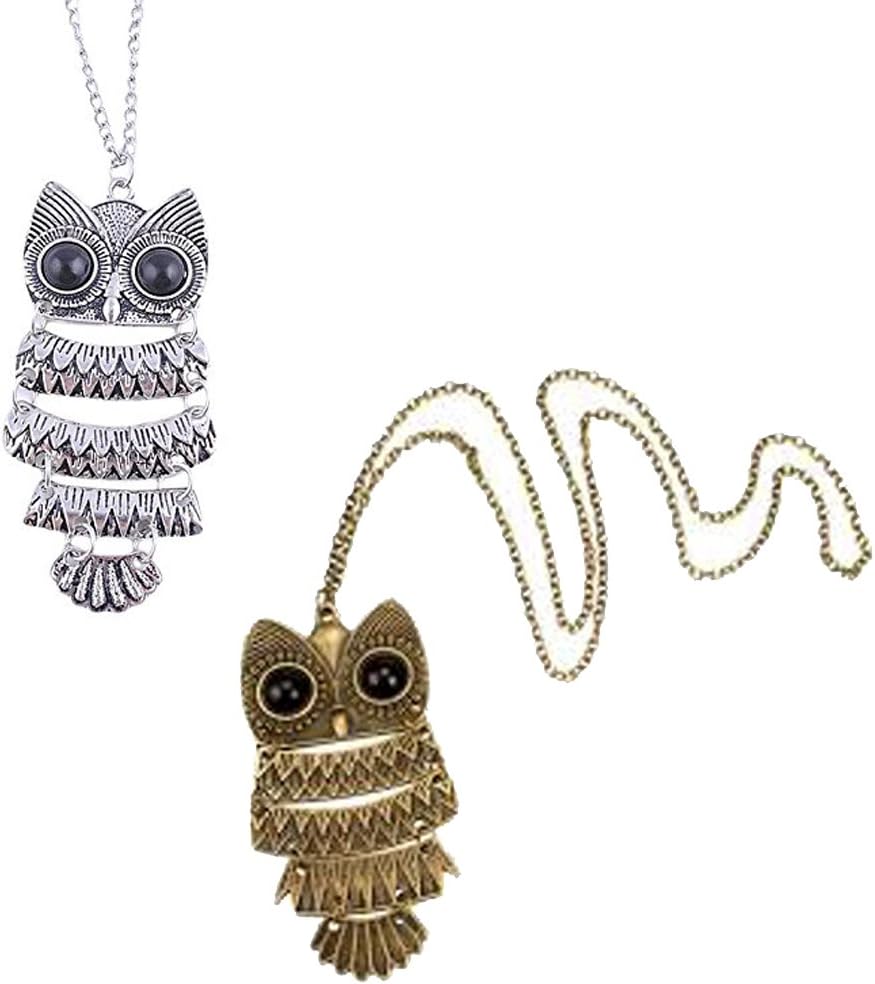 Chooz Designer Studio Retro Silver and Copper Enamel Big Eye Owl Vintage Pendant Chained Necklace -Pack of 2 for Women