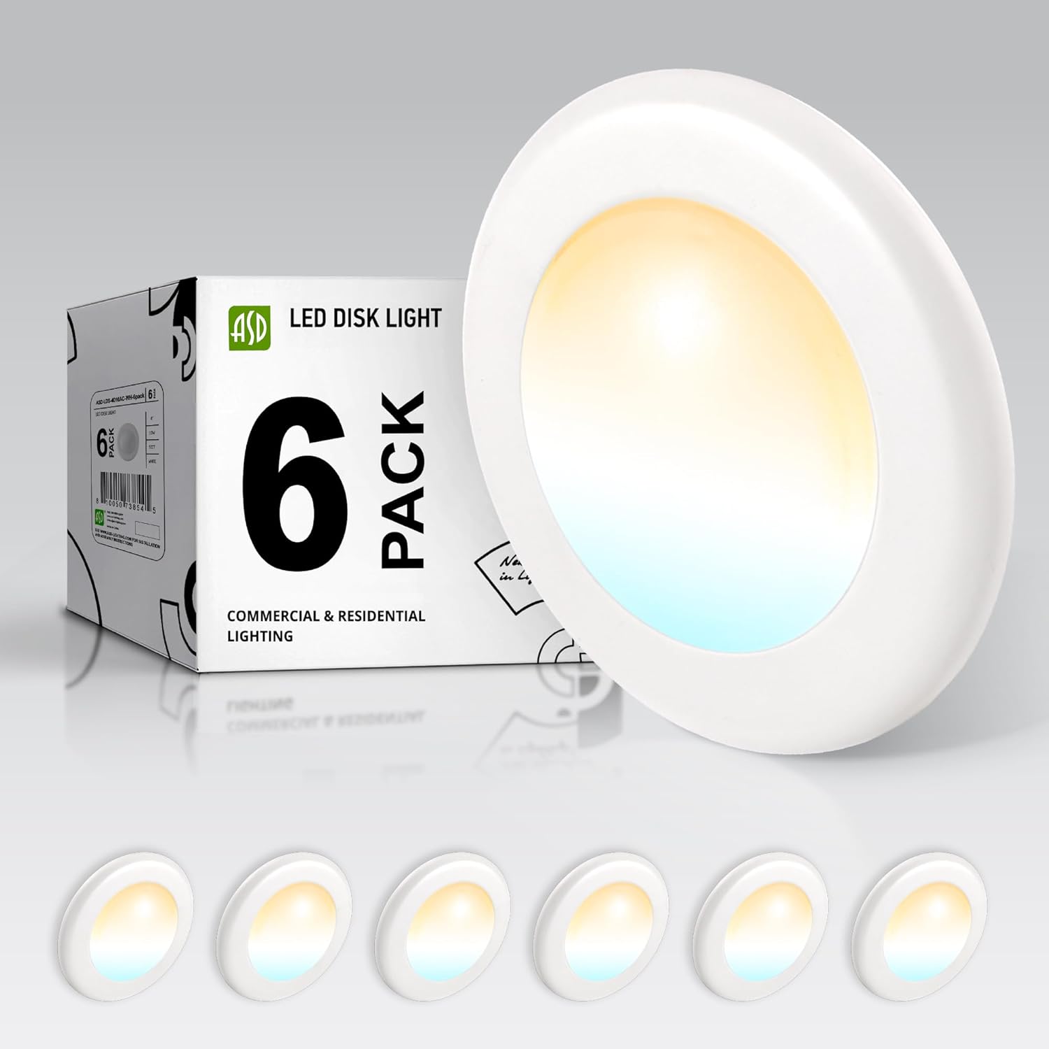 ASD 6 Pack LED Disk Lights 4 Inch, 10W 5CCT 2700K-5000K 685LM CRI90+, Dimmable Flush Mount Ceiling Light Fixture, Low Profile Surface Mount Disc Lights, Junction Box or Recessed Can Install, UL