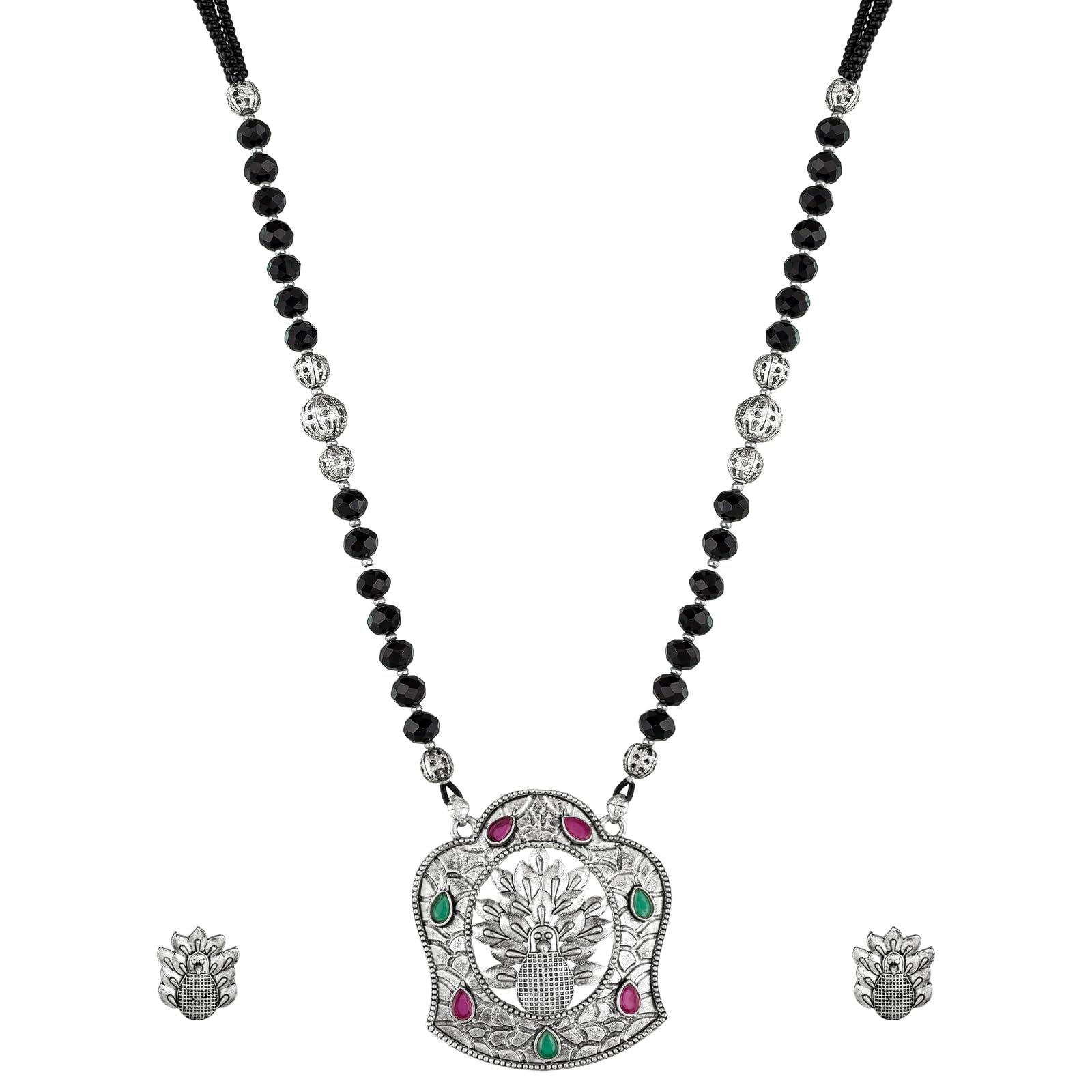 Aadita Oxidized Silver Toned and Black Stone Studded Tribal Mangalsutra For Women With Earrings - MS2776-image-49