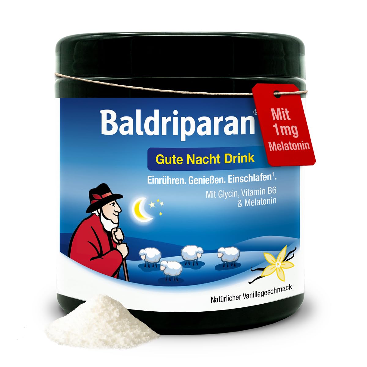 Baldriparan® Gute Nacht Drink [300g] - mit 1mg Melatonin, Glycin und Vitamin B6 zur bewussten Einschlafbegleitung. Laborgeprüft, zuckerarm & vegan. Natürlicher Vanillegeschmack aus Bio-Bourbon-Vanille