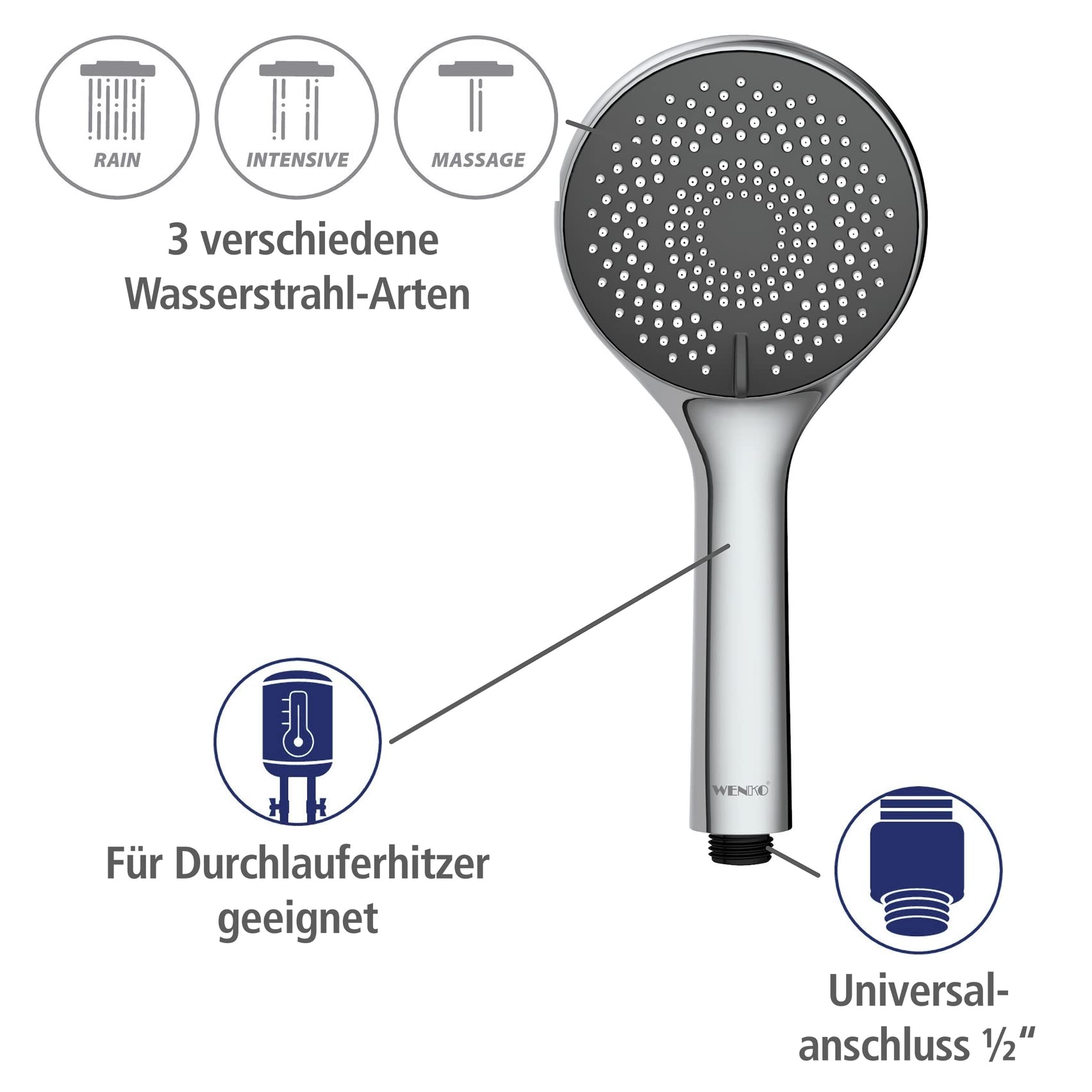 WENKO Duschsystem Watersaving, Duschstange mit wassersparendem Regenduschkopf und Handbrause, Höhenverstellbar, Edelstahl, 75-120 cm, Chrom