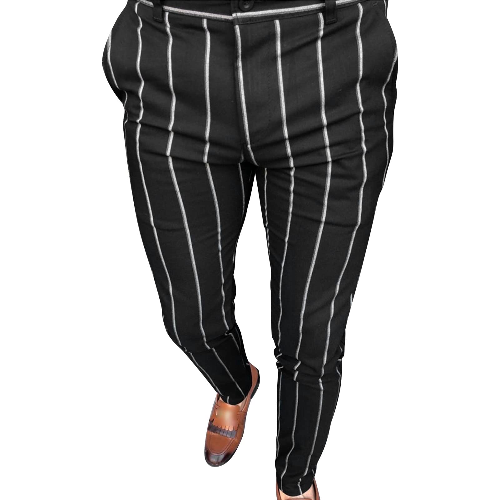 Mens Stripe Stretch Dress Pants Casual Skinny Fit Flat Front Formal Pant Stylish Slim Business Pencil Trouser