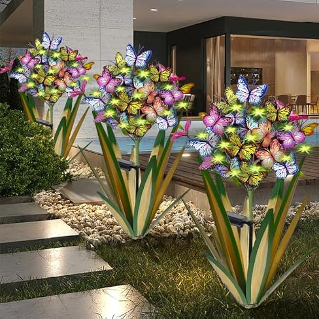Solar Metal Agave Butterfly Flower Stick Garden Sculpture - Outdoor Gift, Christmas Lights, Swaying Butterfly, Sunflower - Solar Outdoor Statues (3 PCS Light Green)