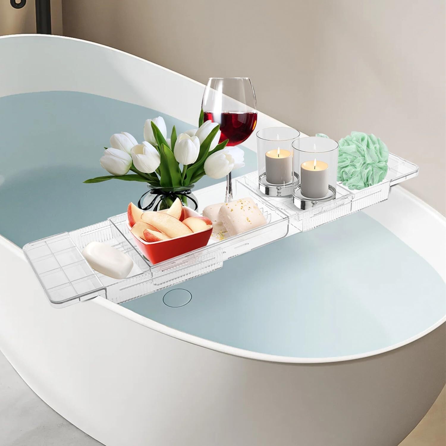 JKJZSALJ Adjustable Expandable Bathtub Caddy Tray - Clear Rack With Hollow Drainage Perfect For Phone Wine Glass And Candle Storage - Ideal Bathroom
