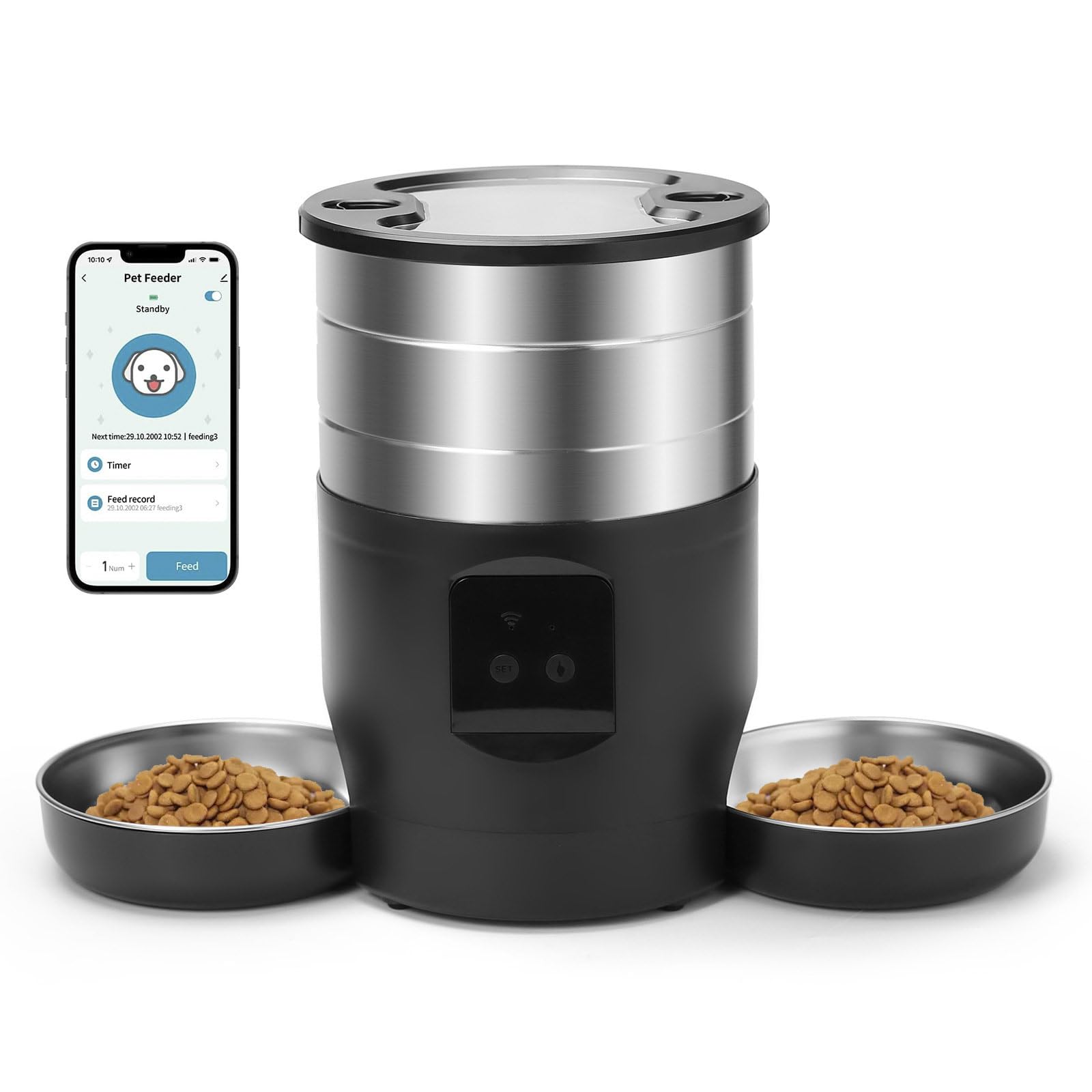 Distributeur Croquettes Chat Automatique Double,INOX Distributeur Croquettes Chien avec 2 Bols,Inoxydable Gamelle Electronique,par Jour Alimentation Personnalisé Distributeur Automatique (APP)